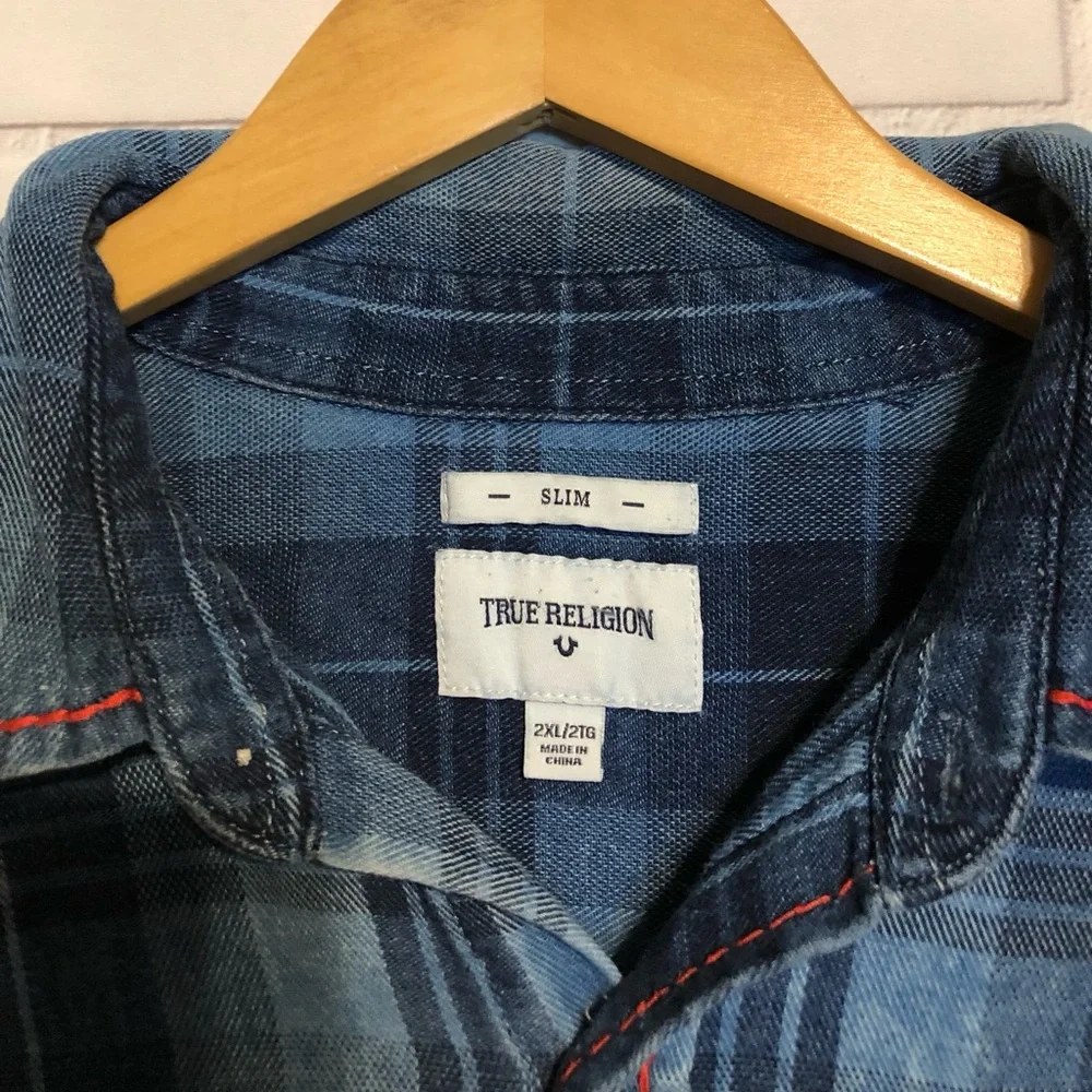 True Religion Men's Blue Slim Flannel Western Button Front Long Sleeve Shirt 2XL - Picture 11 of 12